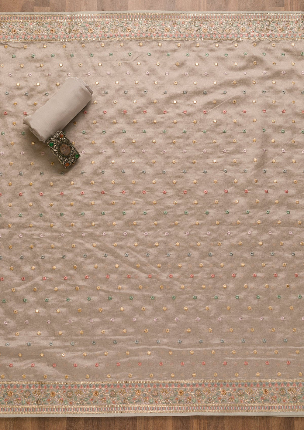 Grey Threadwork Crepe Unstitched Salwar Kameez-Koskii