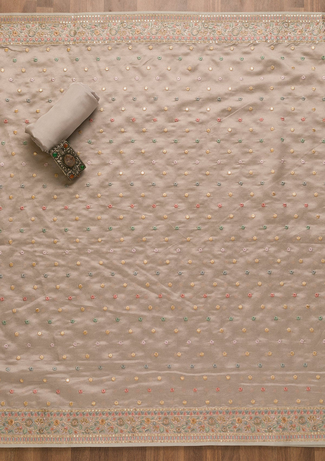 Grey Threadwork Crepe Unstitched Salwar Kameez-Koskii