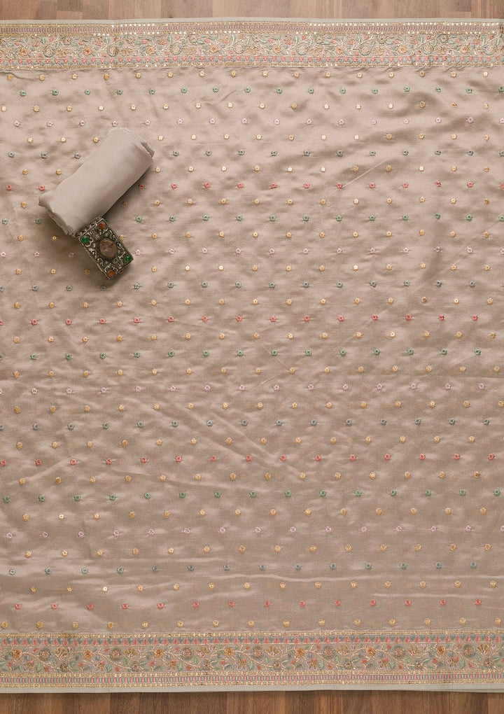 Grey Threadwork Crepe Unstitched Salwar Kameez-Koskii