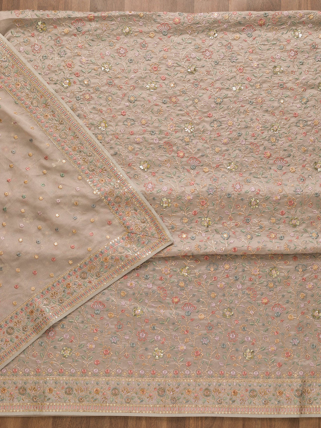 Grey Threadwork Crepe Unstitched Salwar Kameez-Koskii