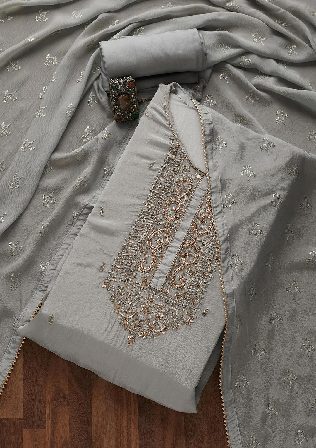 Grey Zardosi Georgette Designer Semi-Stitched Salwar Suit - Koskii
