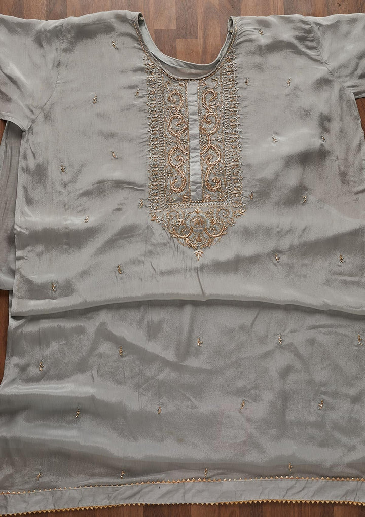 Grey Zardosi Georgette Designer Semi-Stitched Salwar Suit - Koskii