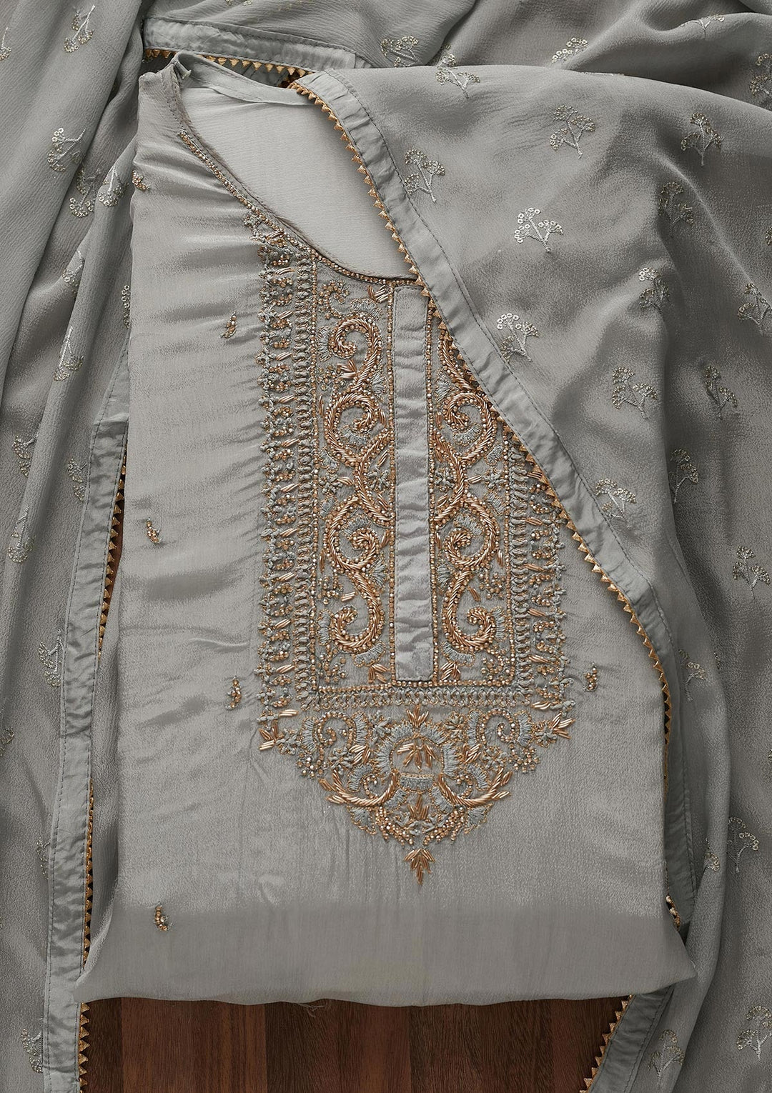 Grey Zardosi Georgette Designer Semi-Stitched Salwar Suit - Koskii