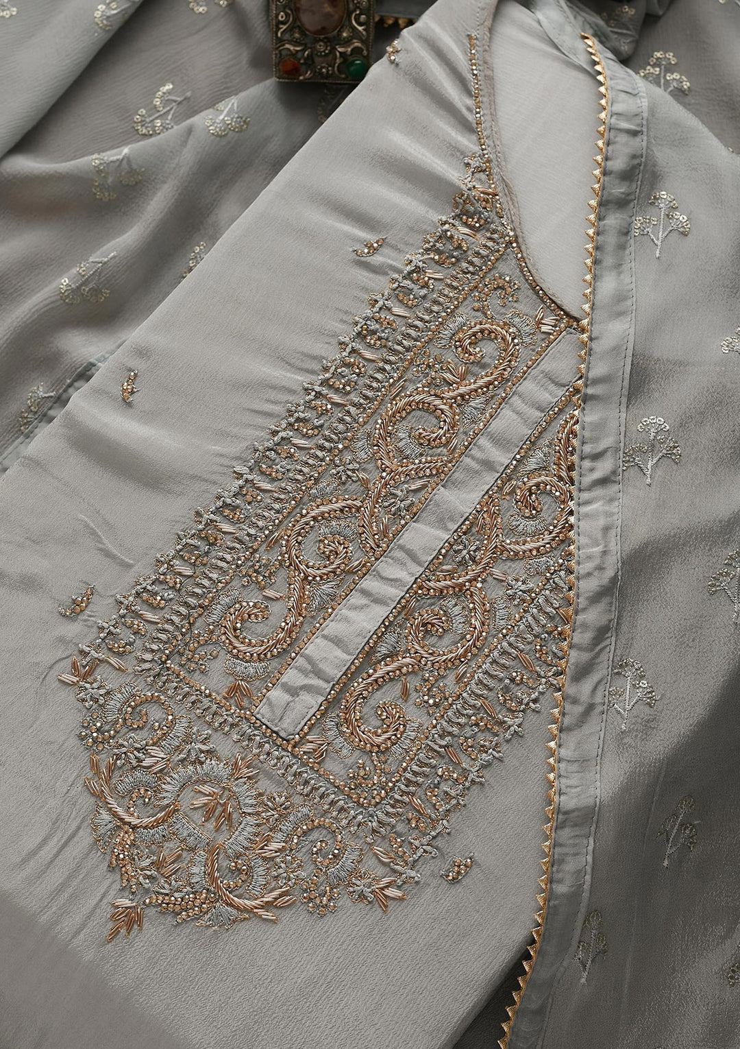 Grey Zardosi Georgette Designer Semi-Stitched Salwar Suit - Koskii