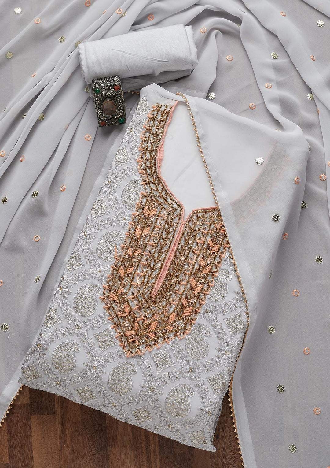 Grey Zardosi Georgette Unstitched Salwar Suit- Koskii
