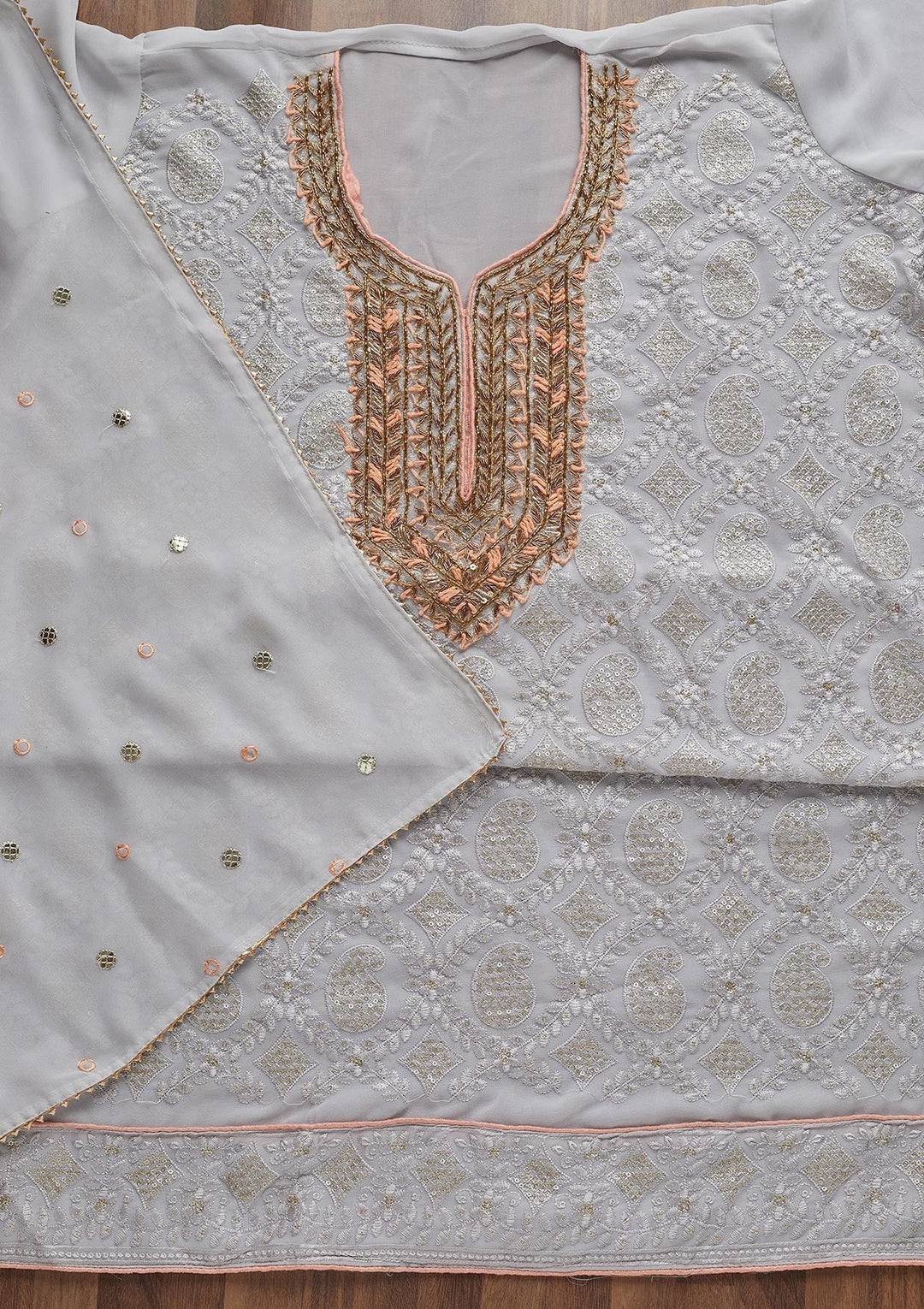 Grey Zardosi Georgette Unstitched Salwar Suit - Koskii