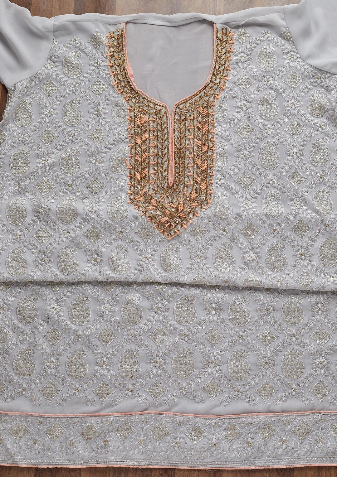 Grey Zardosi Georgette Unstitched Salwar Suit - Koskii