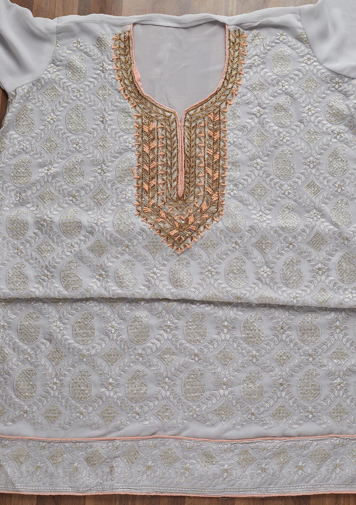 Grey Zardosi Georgette Unstitched Salwar Suit - Koskii