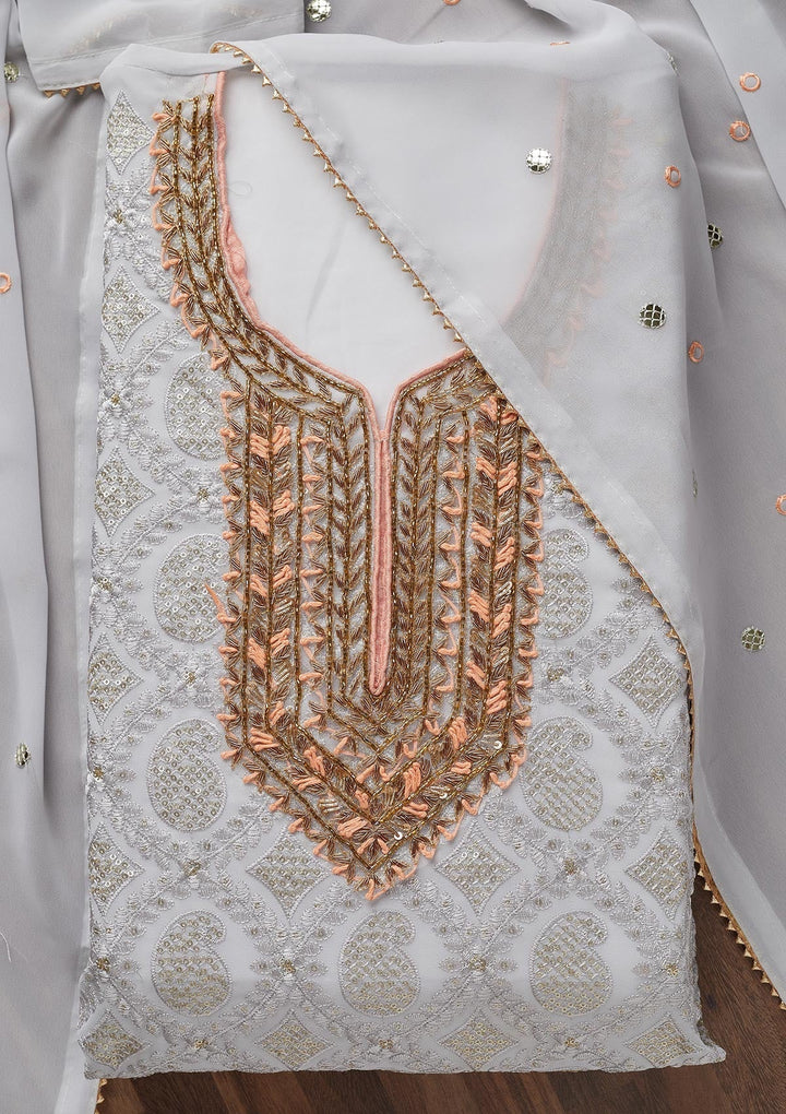 Grey Zardosi Georgette Unstitched Salwar Suit - Koskii