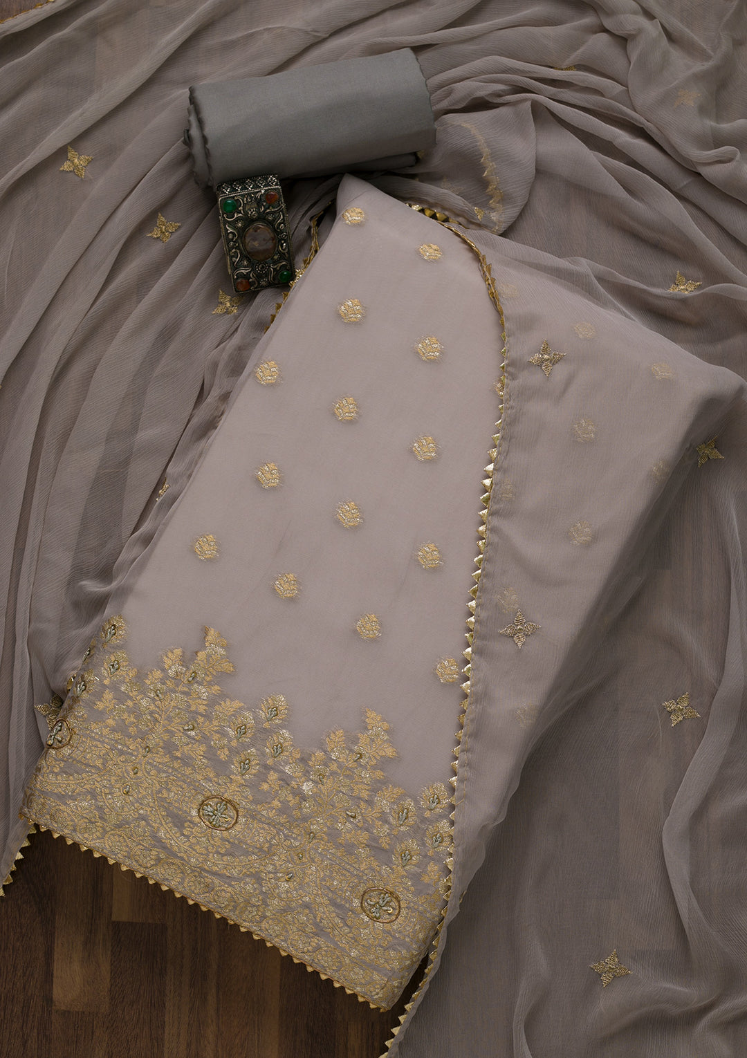 Grey Zariwork Art Silk Semi-Stitched Salwar Suit-Koskii