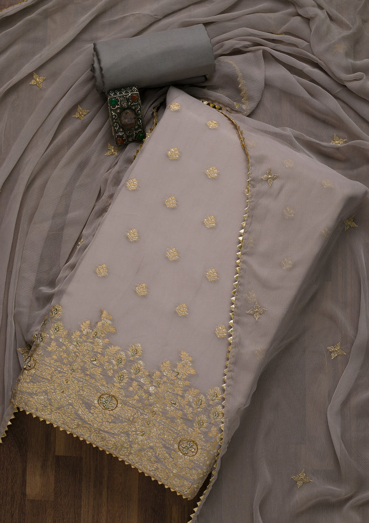 Grey Zariwork Art Silk Semi-Stitched Salwar Suit-Koskii