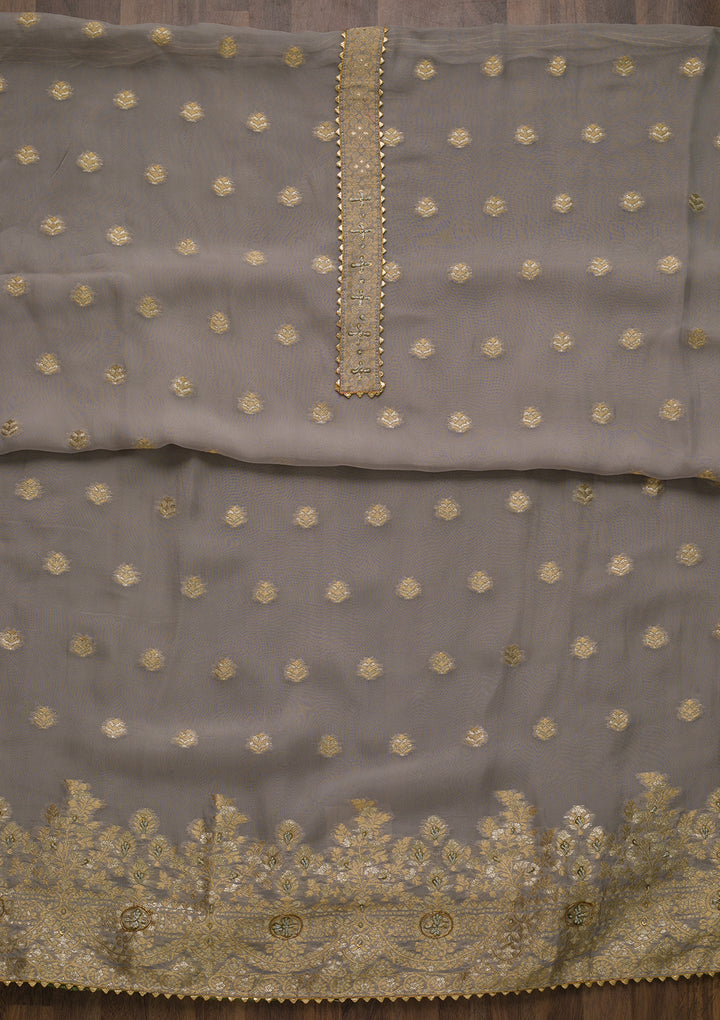 Grey Zariwork Art Silk Semi-Stitched Salwar Suit-Koskii