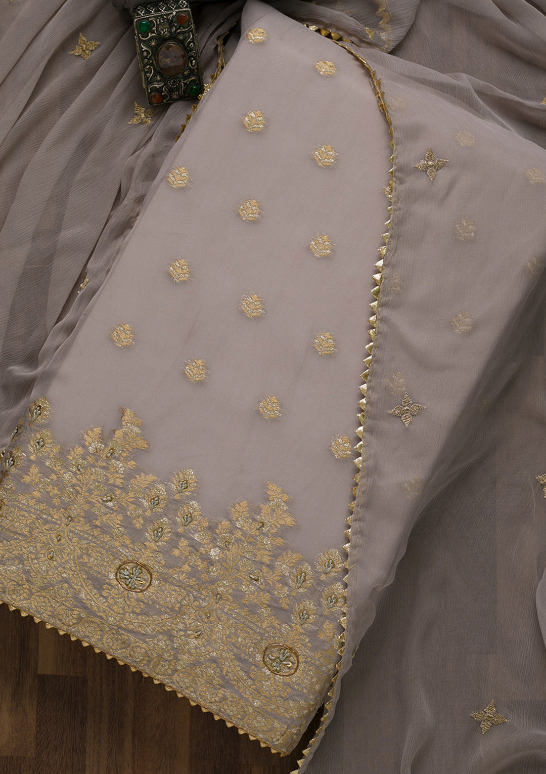 Grey Zariwork Art Silk Semi-Stitched Salwar Suit-Koskii