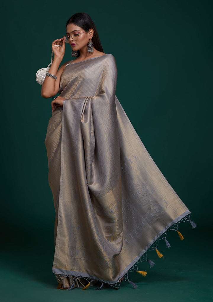 Grey Zariwork Art Silk Saree-Koskii