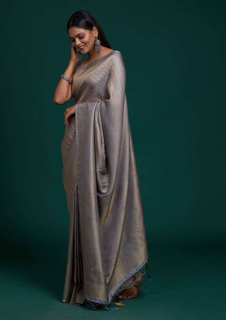 Grey Zariwork Art Silk Saree-Koskii