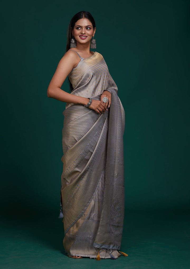 Grey Zariwork Art Silk Saree-Koskii