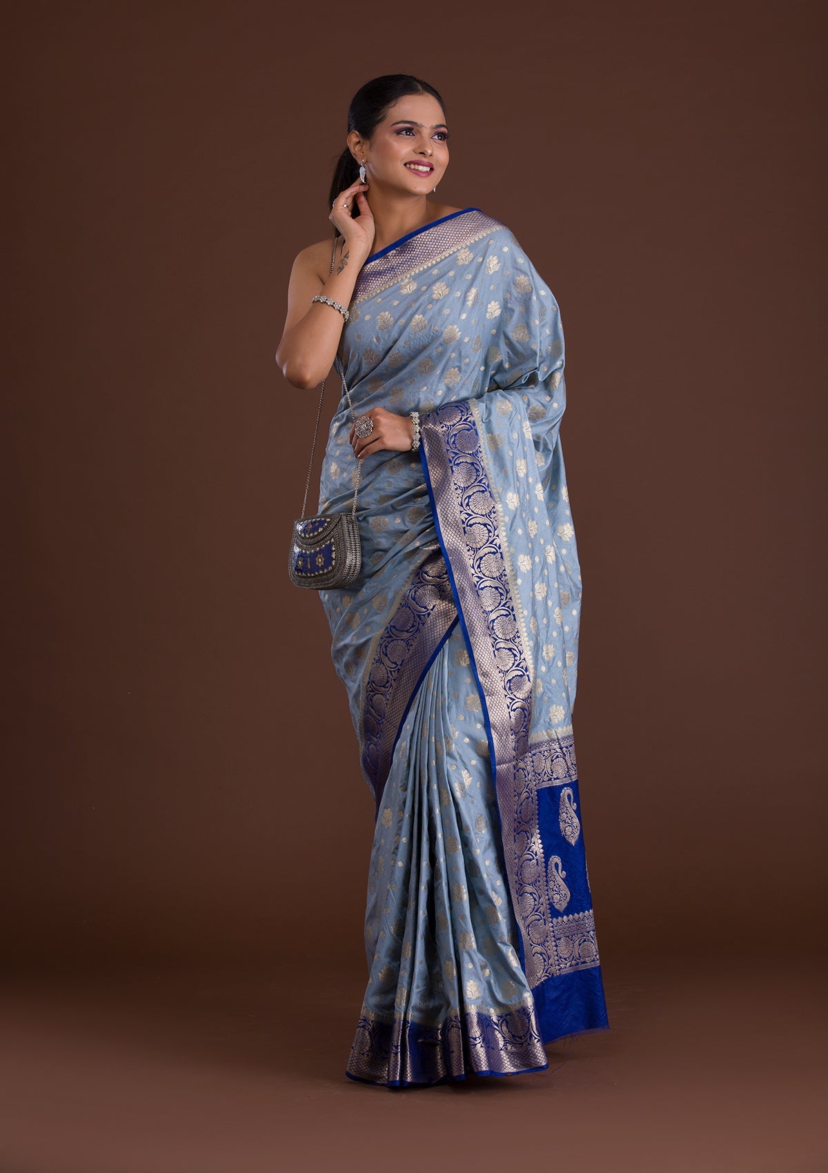 Grey Zariwork Art Silk Saree-Koskii