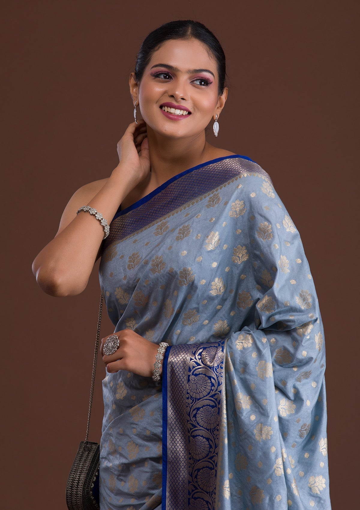 Grey Zariwork Art Silk Saree-Koskii