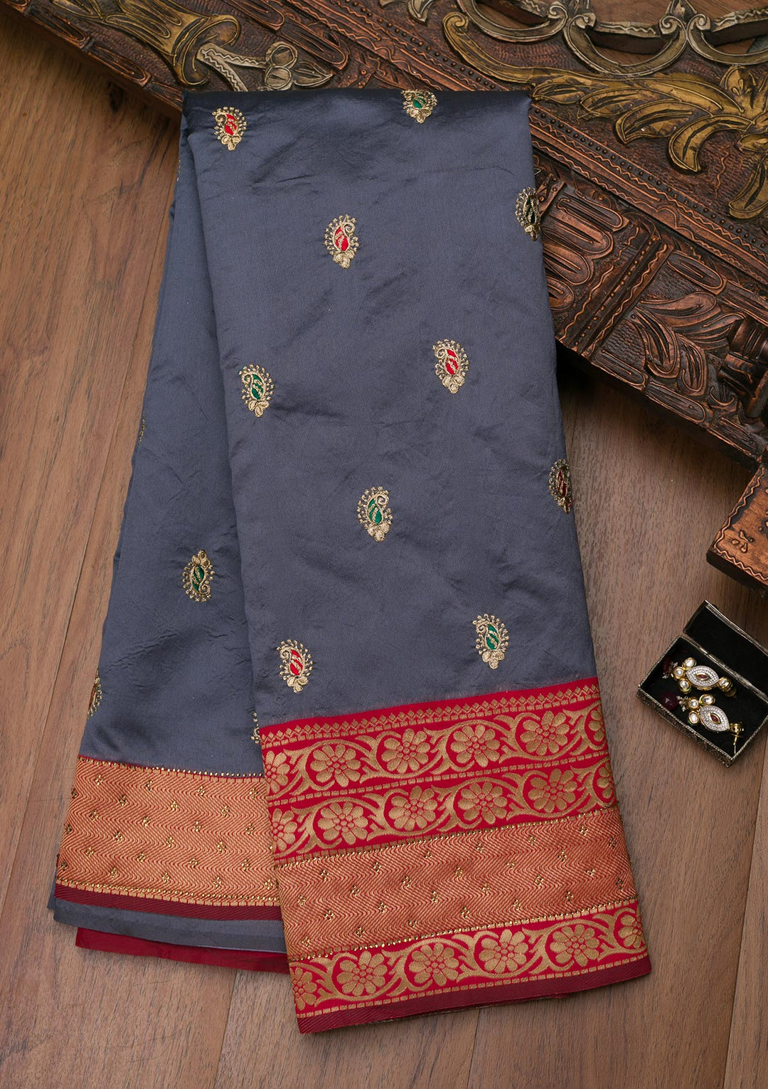 Grey Zariwork Art Silk Saree-Koskii