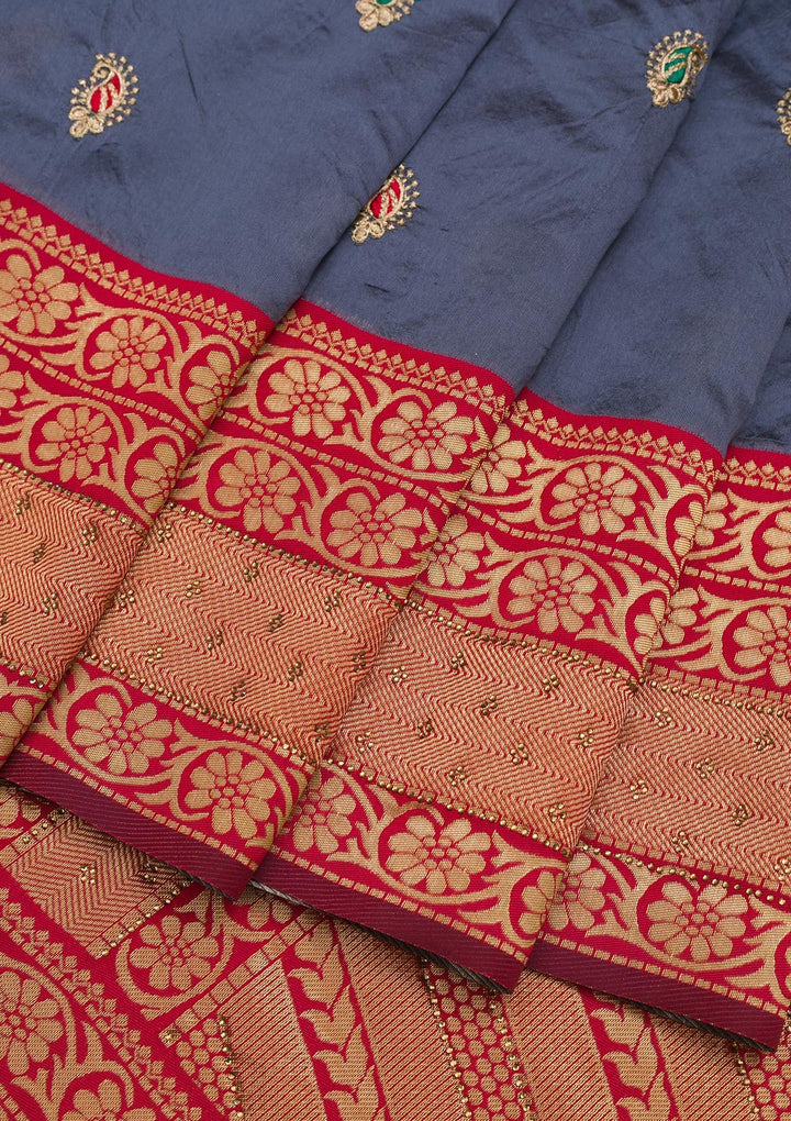 Grey Zariwork Art Silk Saree-Koskii