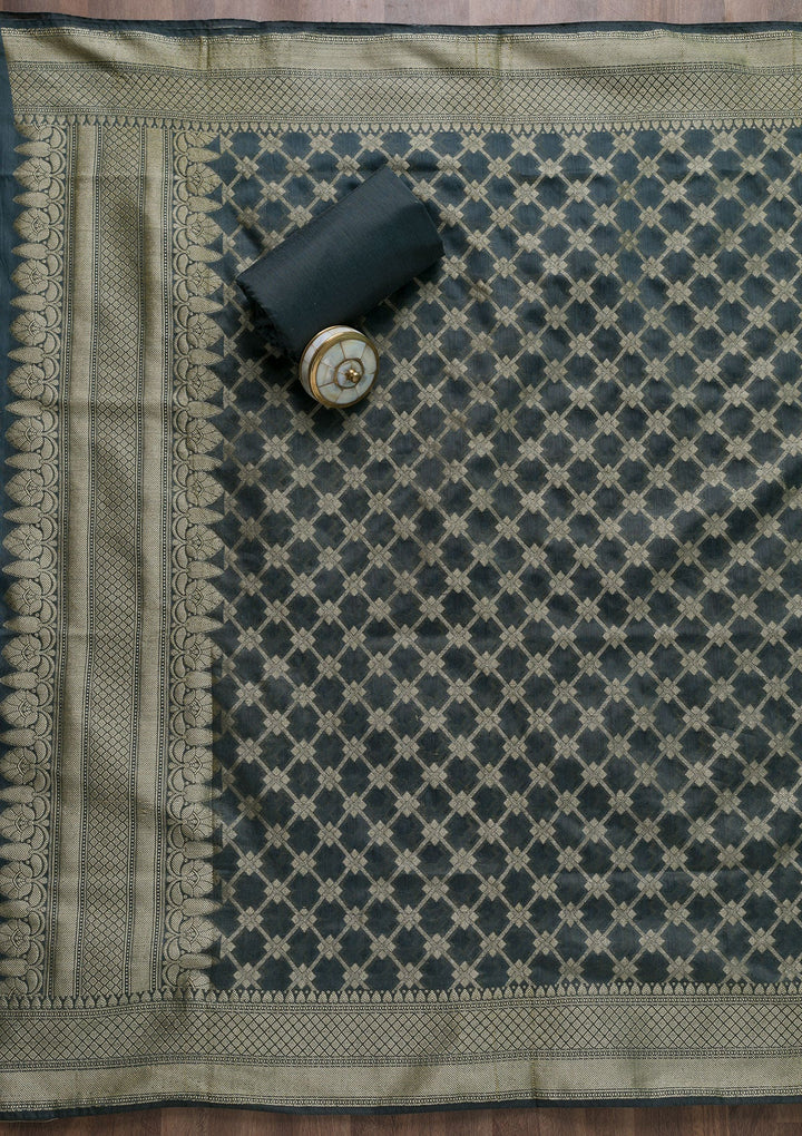 Grey Zariwork Banarasi Unstitched Salwar Suit-Koskii