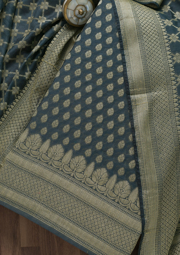 Grey Zariwork Banarasi Unstitched Salwar Suit-Koskii