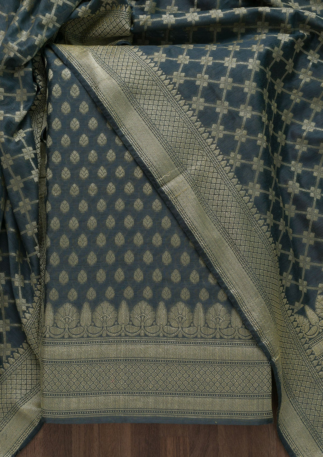 Grey Zariwork Banarasi Unstitched Salwar Suit-Koskii