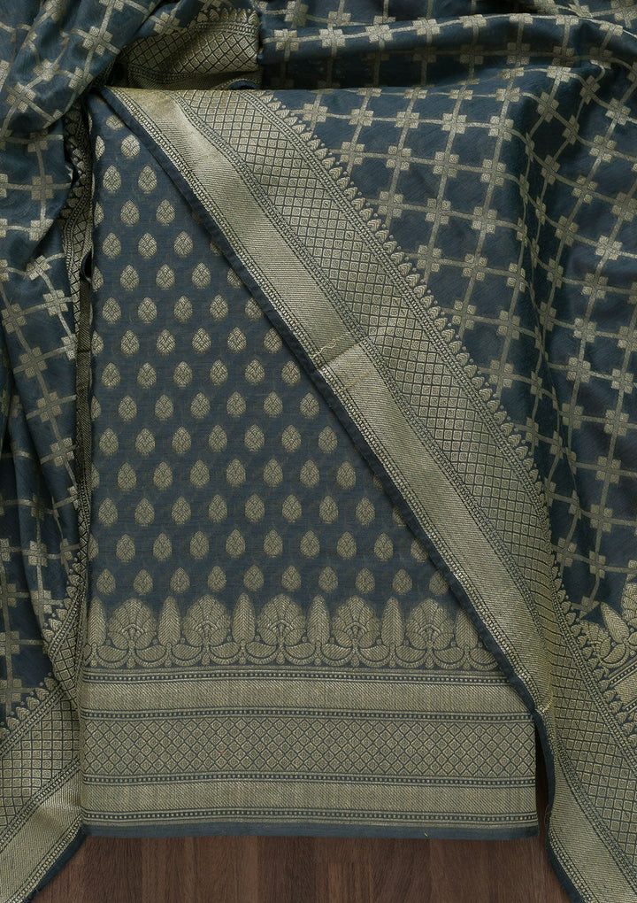 Grey Zariwork Banarasi Unstitched Salwar Suit-Koskii