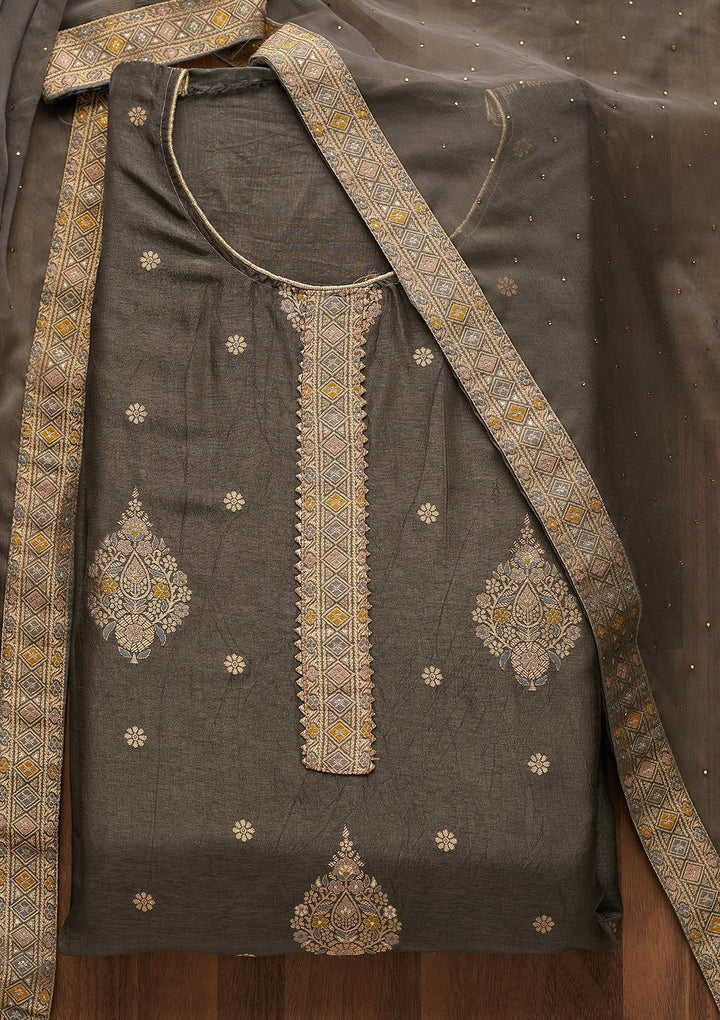 Grey Zariwork Chanderi Unstitched Salwar Suit-Koskii
