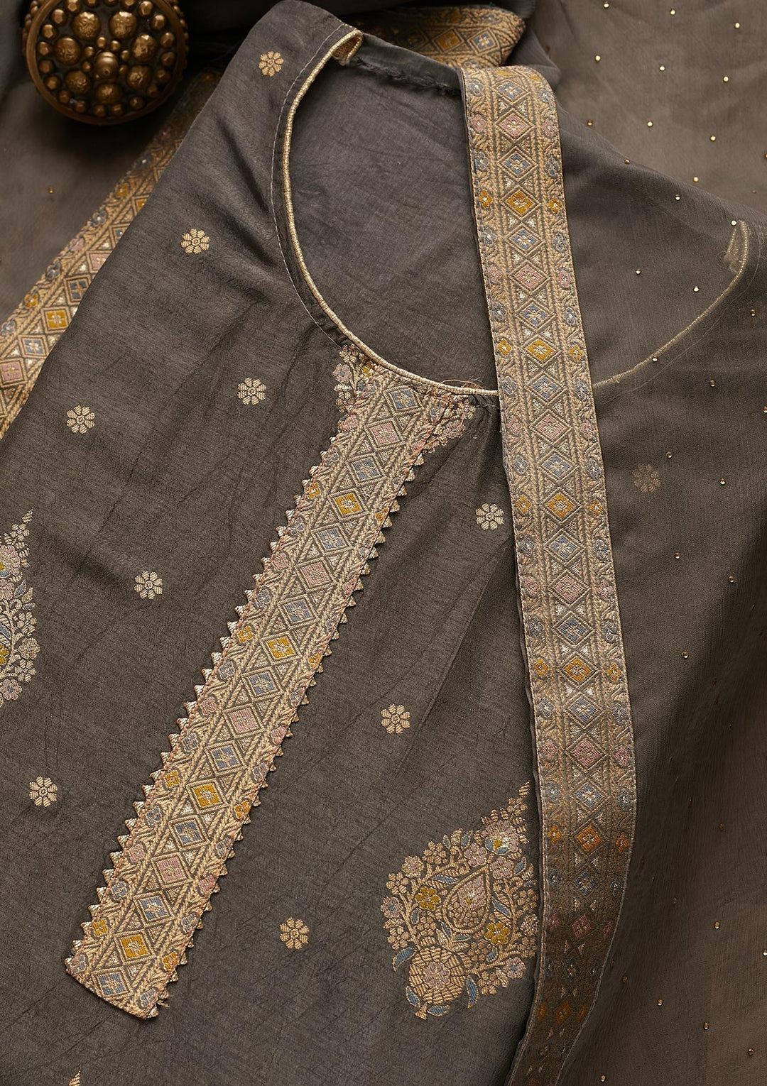 Grey Zariwork Chanderi Unstitched Salwar Suit-Koskii