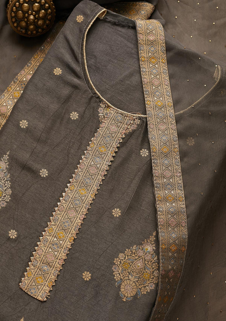 Grey Zariwork Chanderi Unstitched Salwar Suit-Koskii