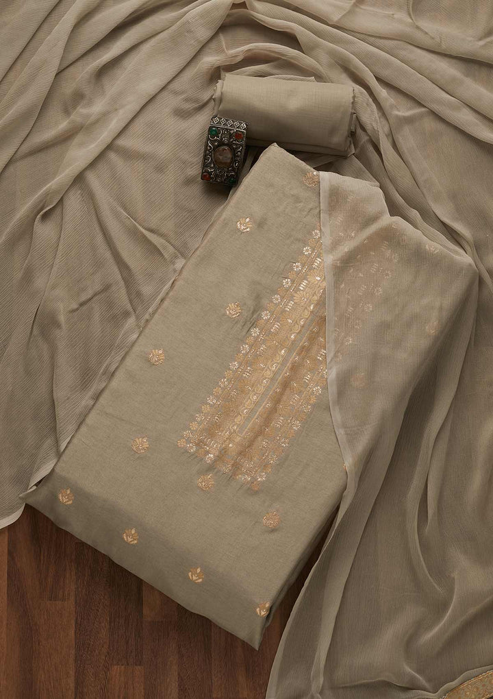 Grey Zariwork Chanderi Unstitched Salwar Suit-Koskii