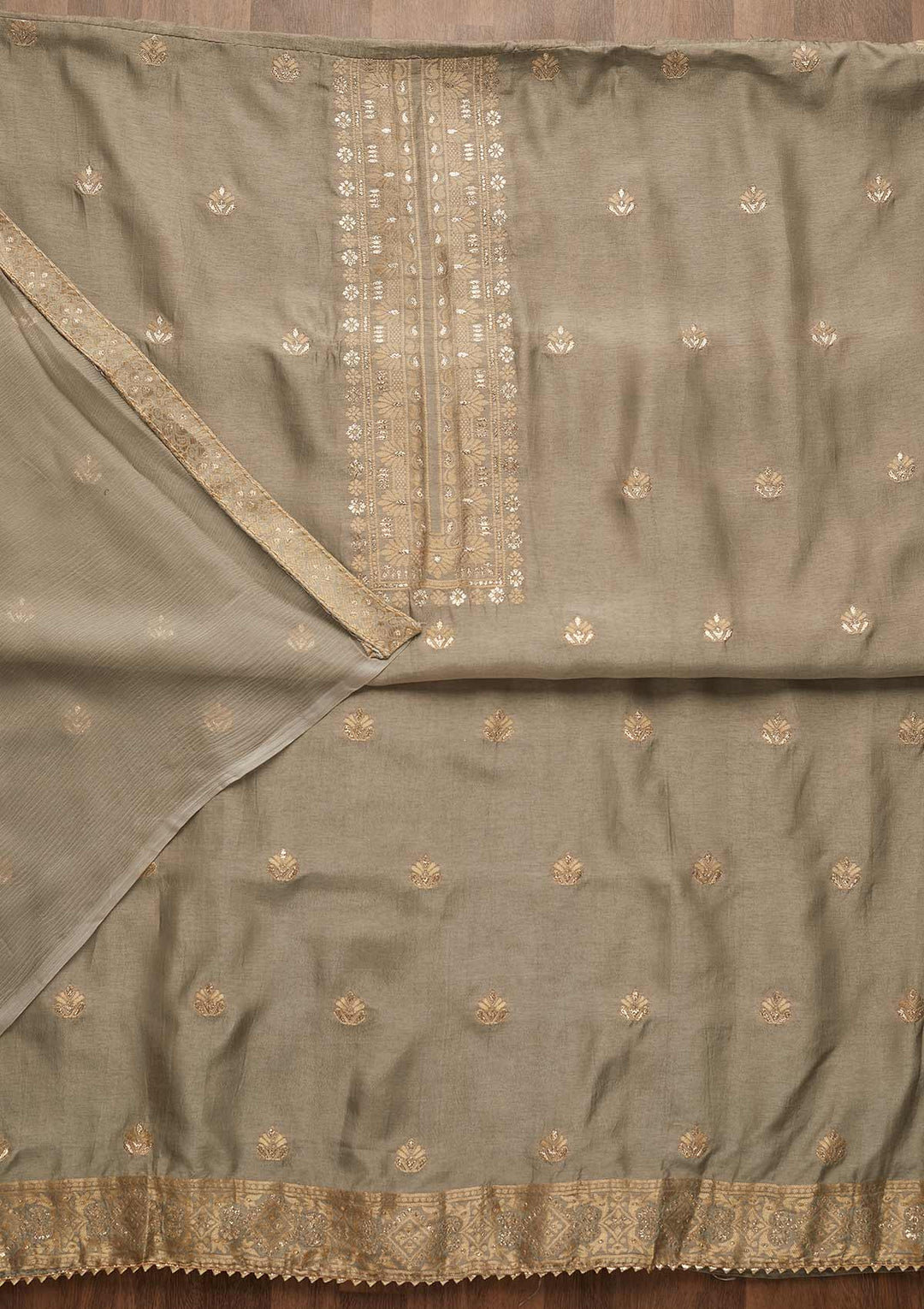 Grey Zariwork Chanderi Unstitched Salwar Suit-Koskii