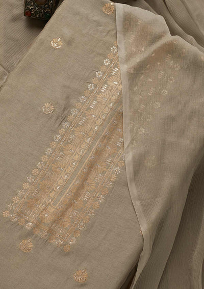 Grey Zariwork Chanderi Unstitched Salwar Suit-Koskii