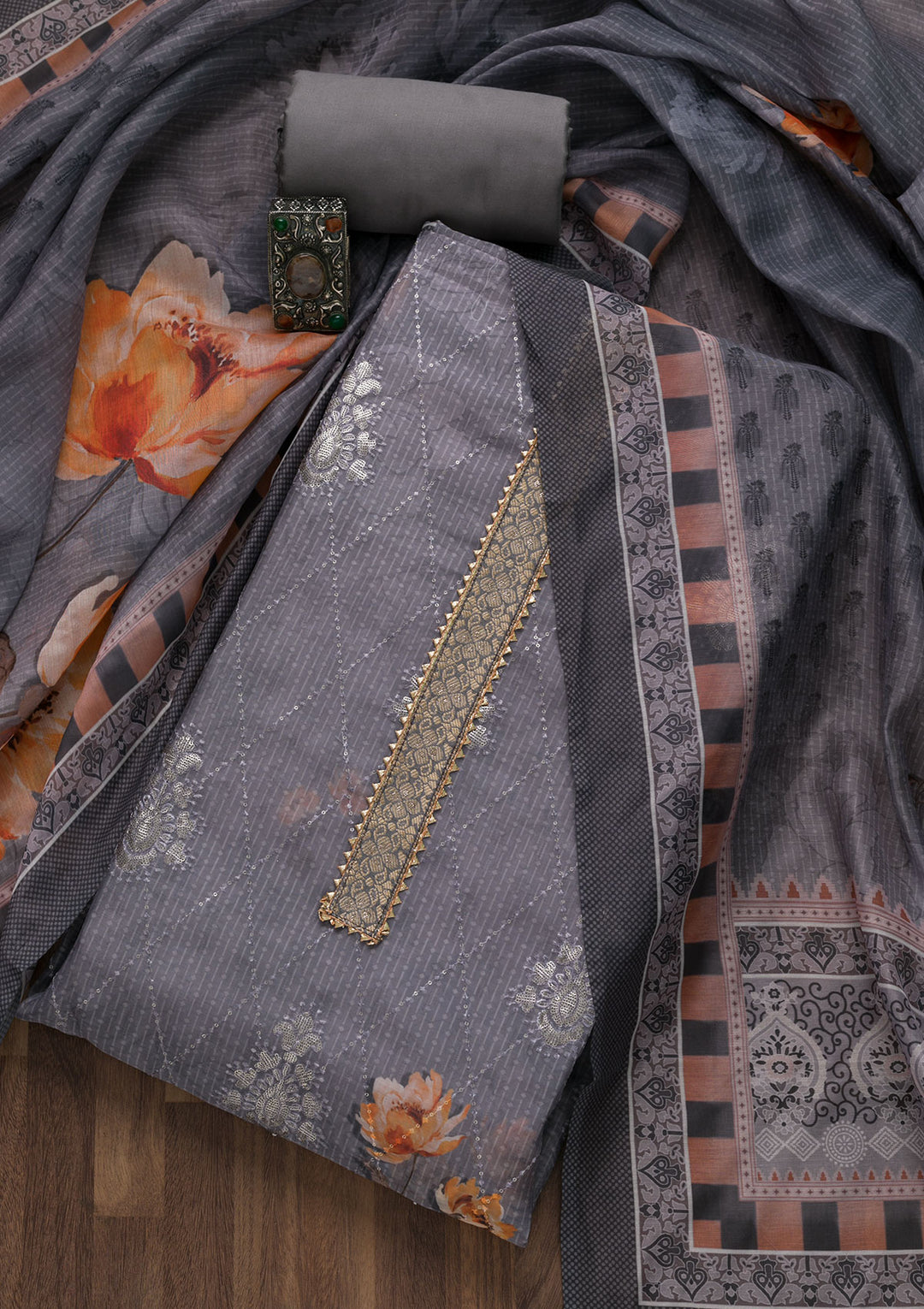 Grey Zariwork Chanderi Unstitched Salwar Suit-Koskii