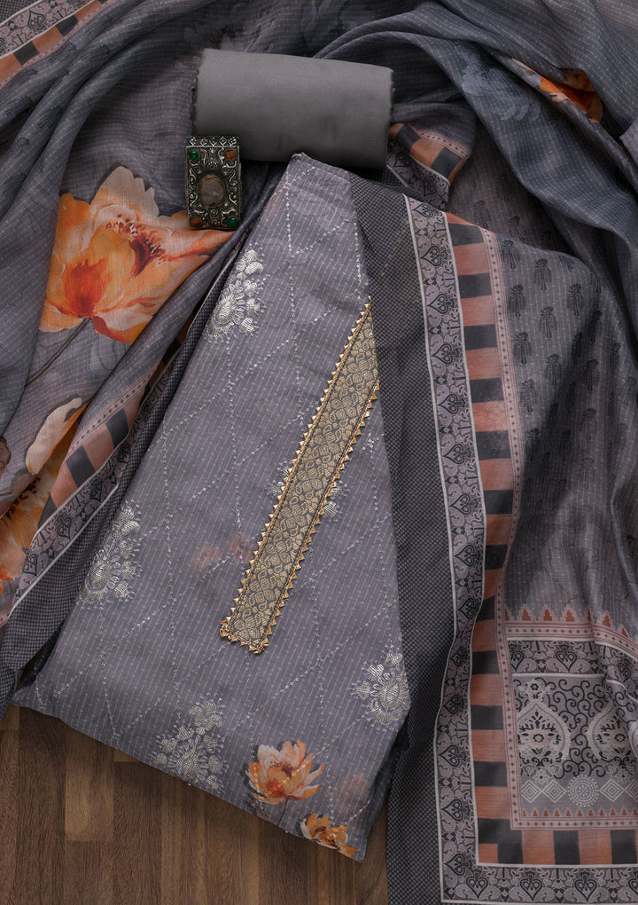 Grey Zariwork Chanderi Unstitched Salwar Suit-Koskii