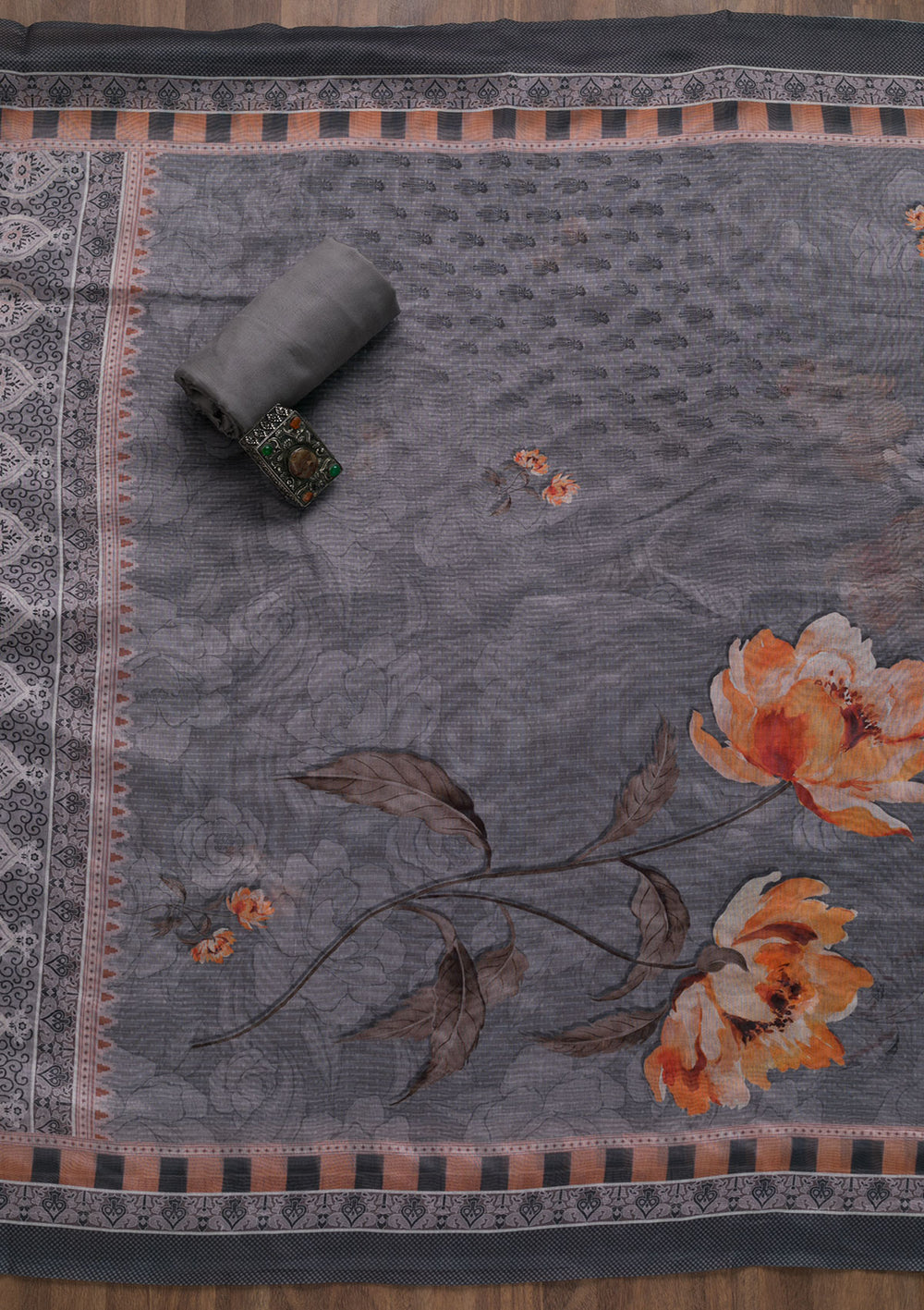 Grey Zariwork Chanderi Unstitched Salwar Suit-Koskii