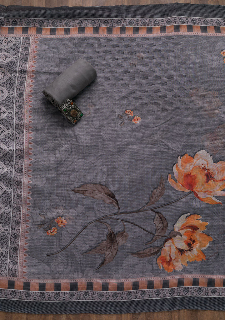 Grey Zariwork Chanderi Unstitched Salwar Suit-Koskii