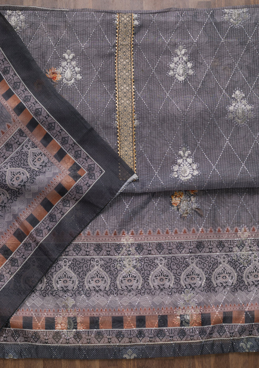 Grey Zariwork Chanderi Unstitched Salwar Suit-Koskii