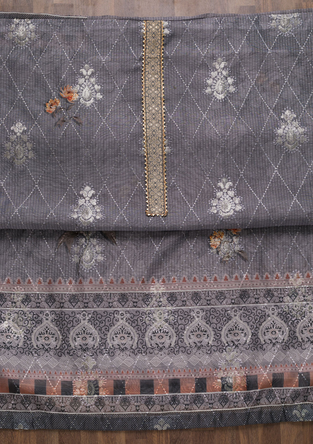 Grey Zariwork Chanderi Unstitched Salwar Suit-Koskii
