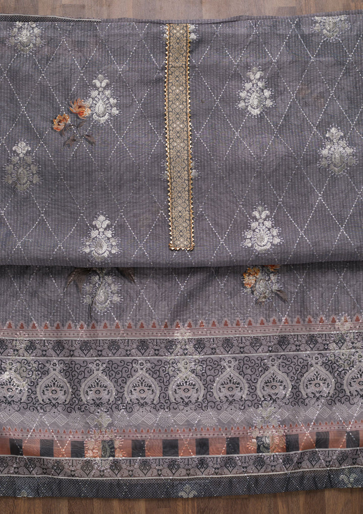 Grey Zariwork Chanderi Unstitched Salwar Suit-Koskii
