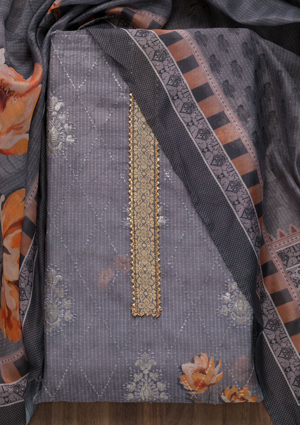 Grey Zariwork Chanderi Unstitched Salwar Suit-Koskii