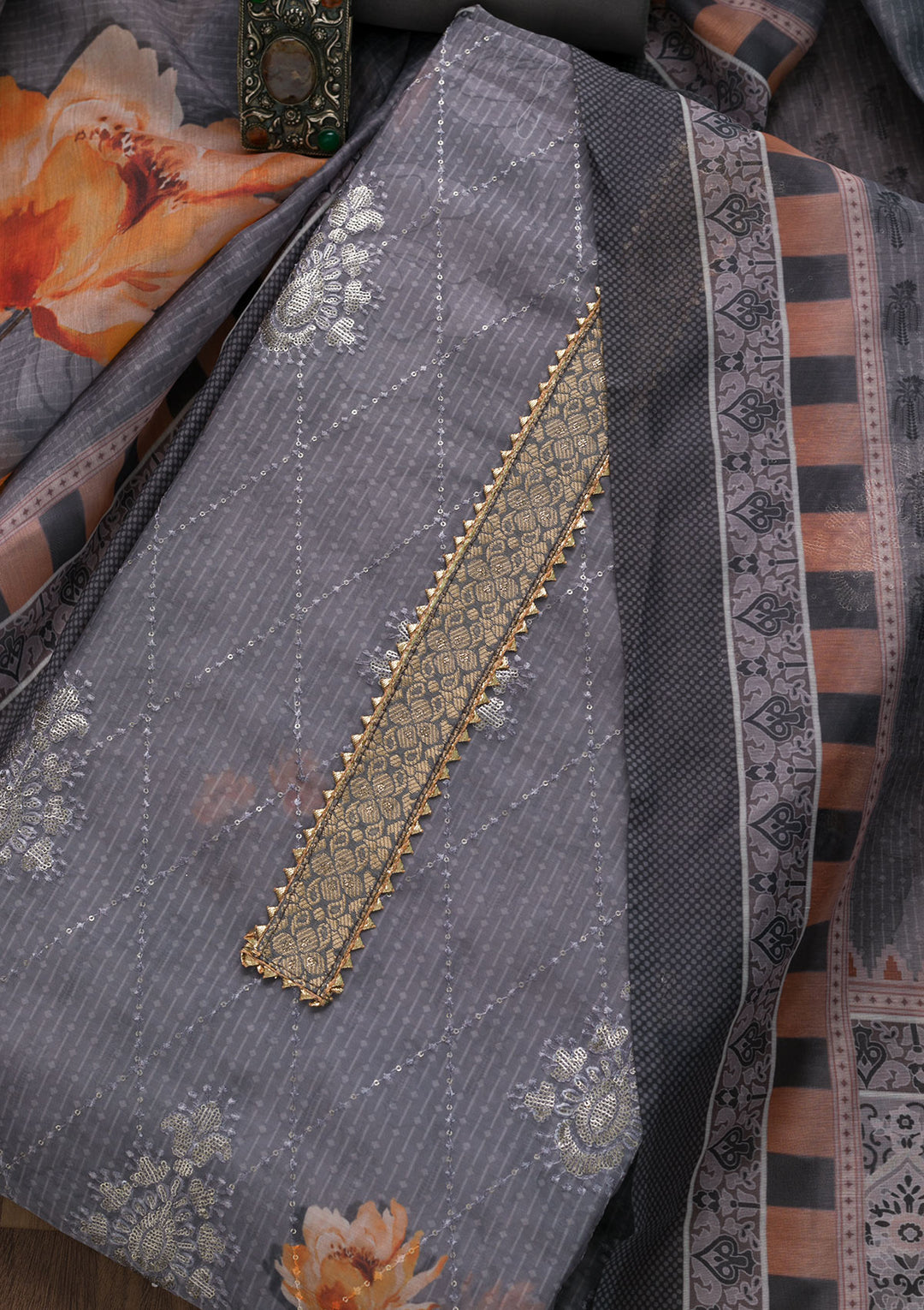 Grey Zariwork Chanderi Unstitched Salwar Suit-Koskii