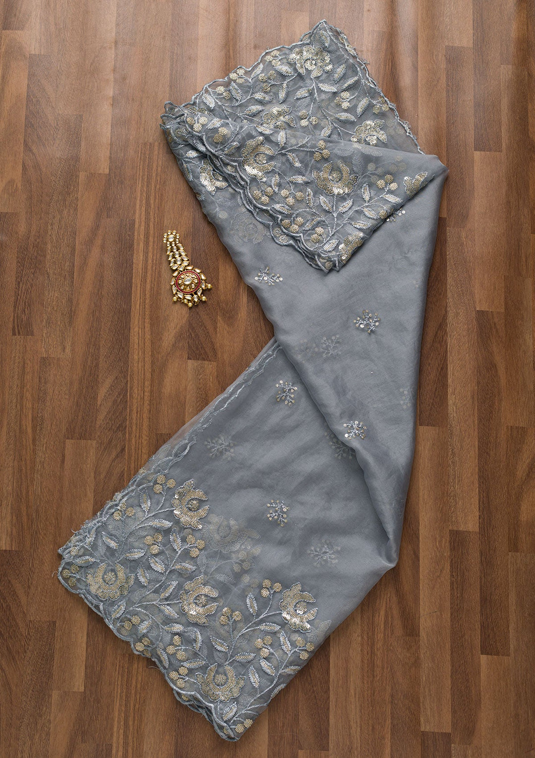 Grey Zariwork Chiffon Dupatta-Koskii