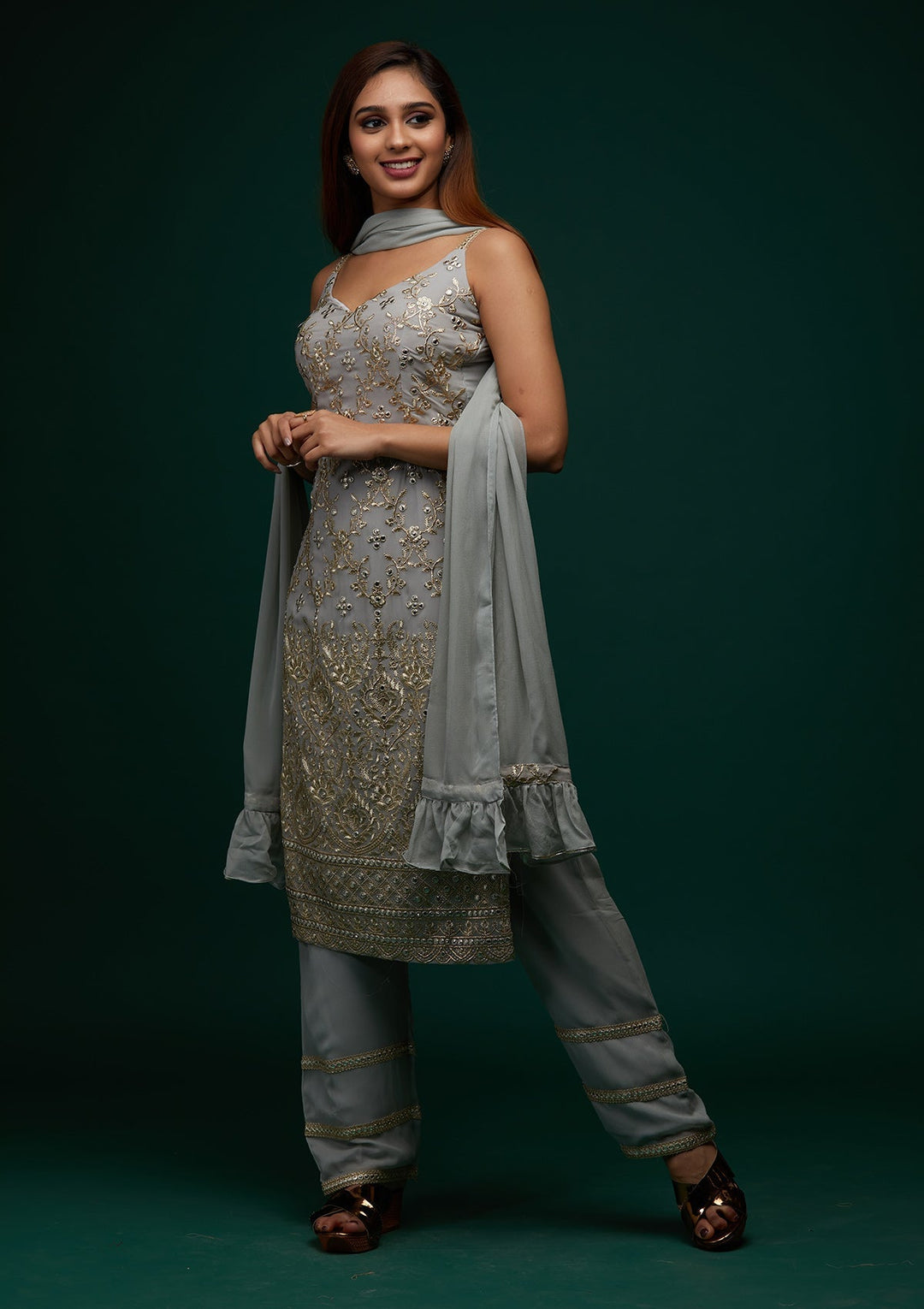 Grey Zariwork Georgette Designer Salwar Suit - Koskii