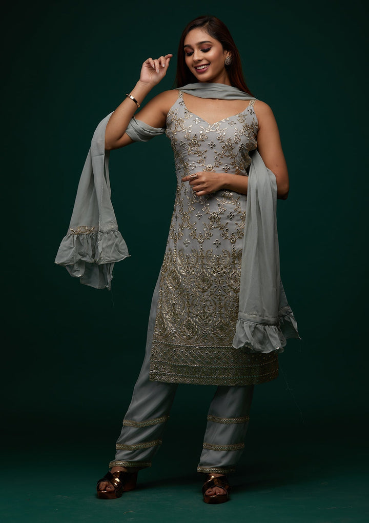 Grey Zariwork Georgette Designer Salwar Suit - Koskii