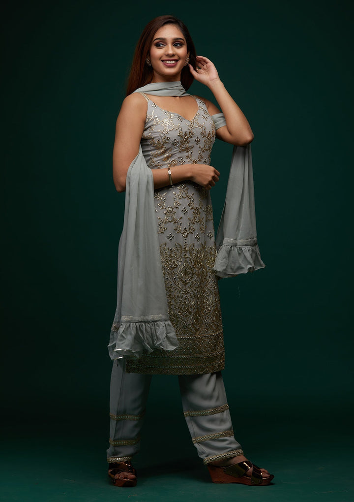 Grey Zariwork Georgette Designer Salwar Suit - Koskii