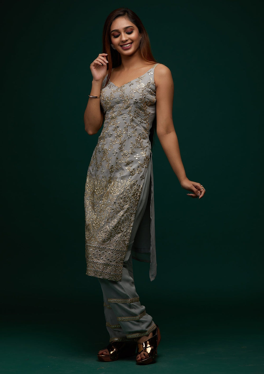 Grey Zariwork Georgette Designer Salwar Suit - Koskii