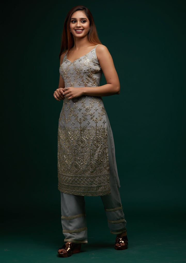 Grey Zariwork Georgette Designer Salwar Suit - Koskii