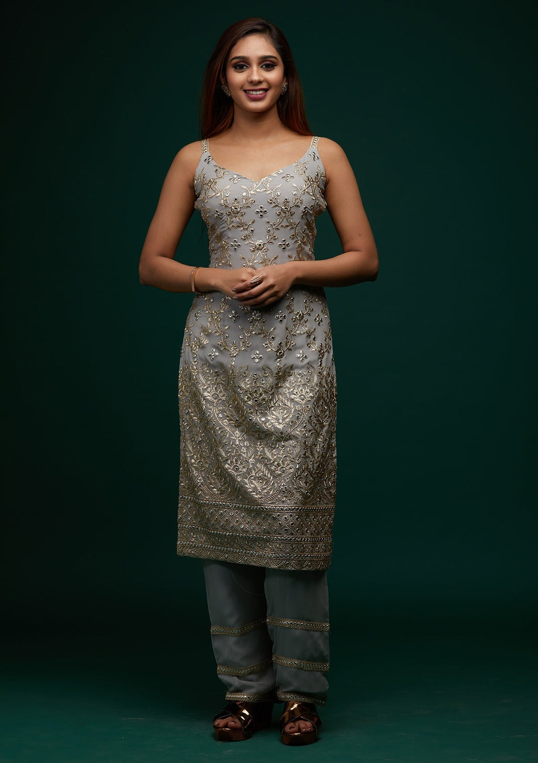 Grey Zariwork Georgette Designer Salwar Suit - Koskii